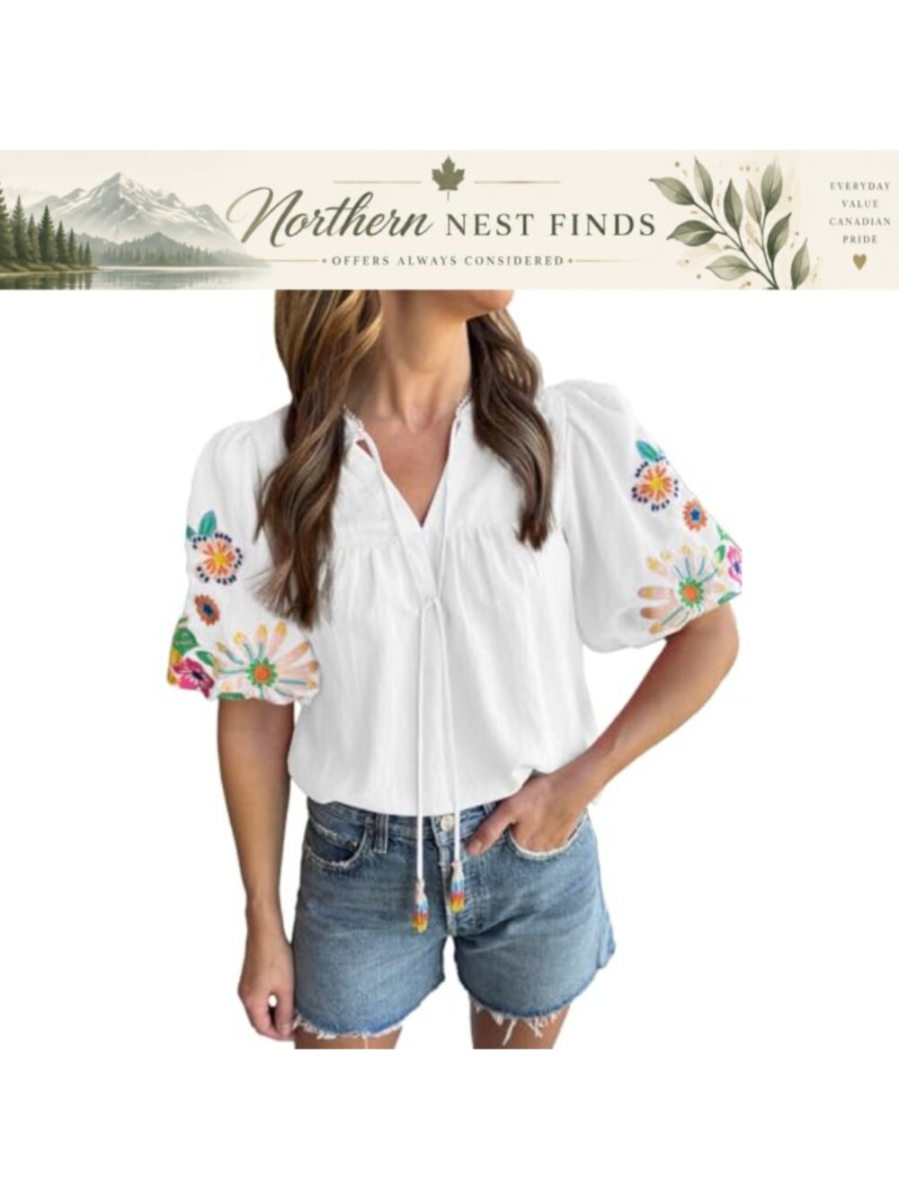 Floral Embroidered V Neck Puff Sleeve Boho Peasant Top Loose Summer Blouse